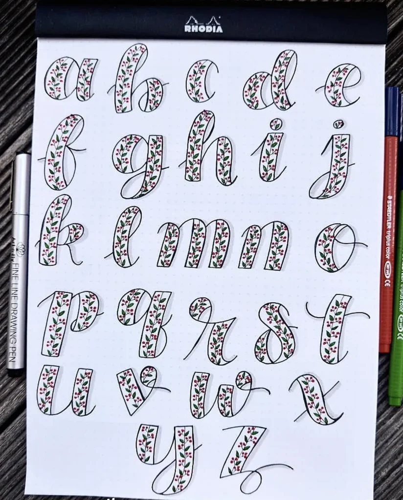 Decorative floral alphabet on paper with intricate flower patterns, next to drawing pens.