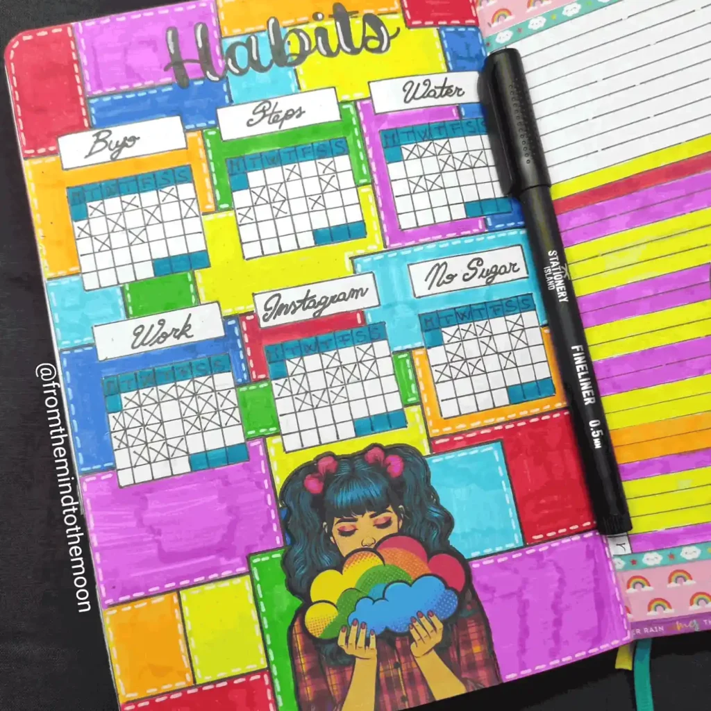 Colorful habit tracker with calendars for steps, water, and goals. Includes drawing of girl with clouds and black pen.