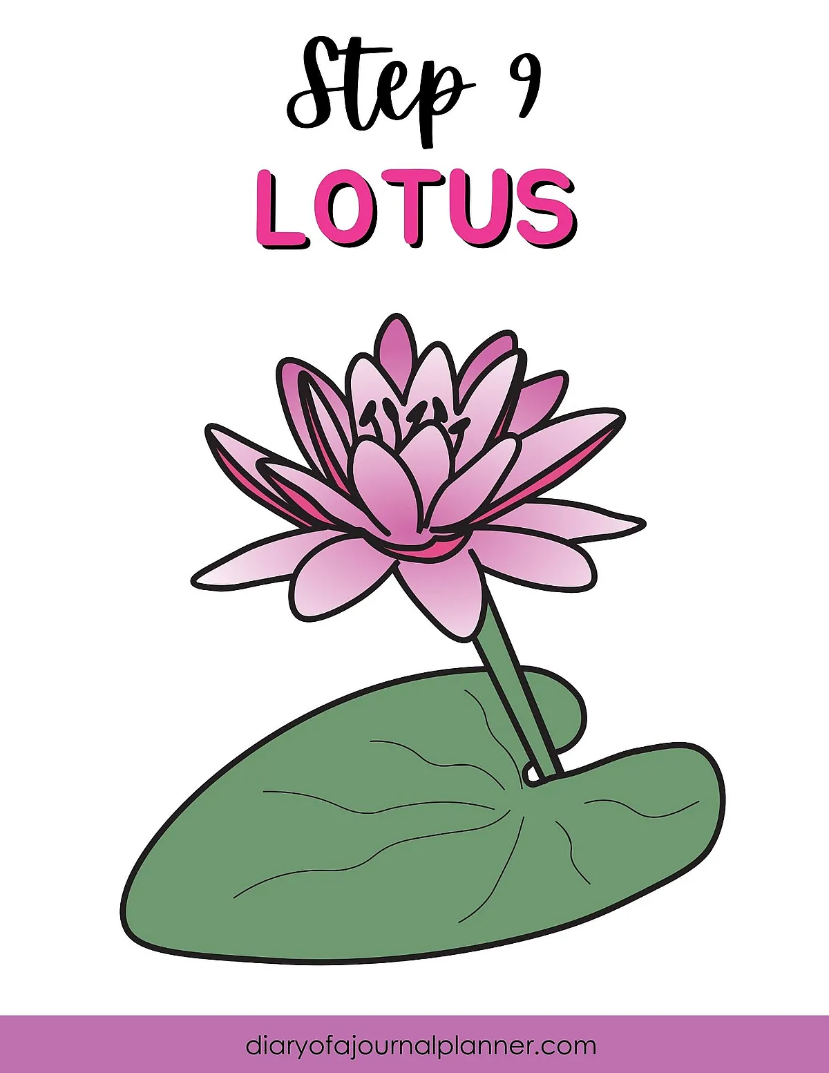 Illustration of step 9, drawing a pink lotus with green leaf from diaryofajournalplanner.com.