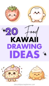 Cute kawaii food drawings ideas with smiling strawberry, marshmallow, cake, and cream bun illustrations.