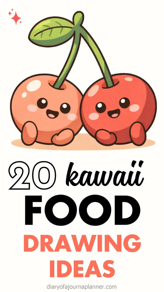 Kawaii cherries illustration promoting 20 cute food drawing ideas for creative journaling.
