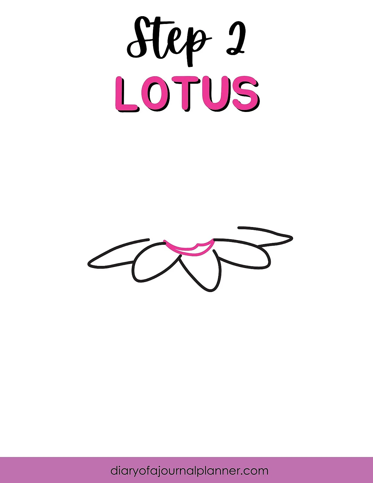 Step 2 of drawing a lotus flower with basic black and pink outlines on a white background.