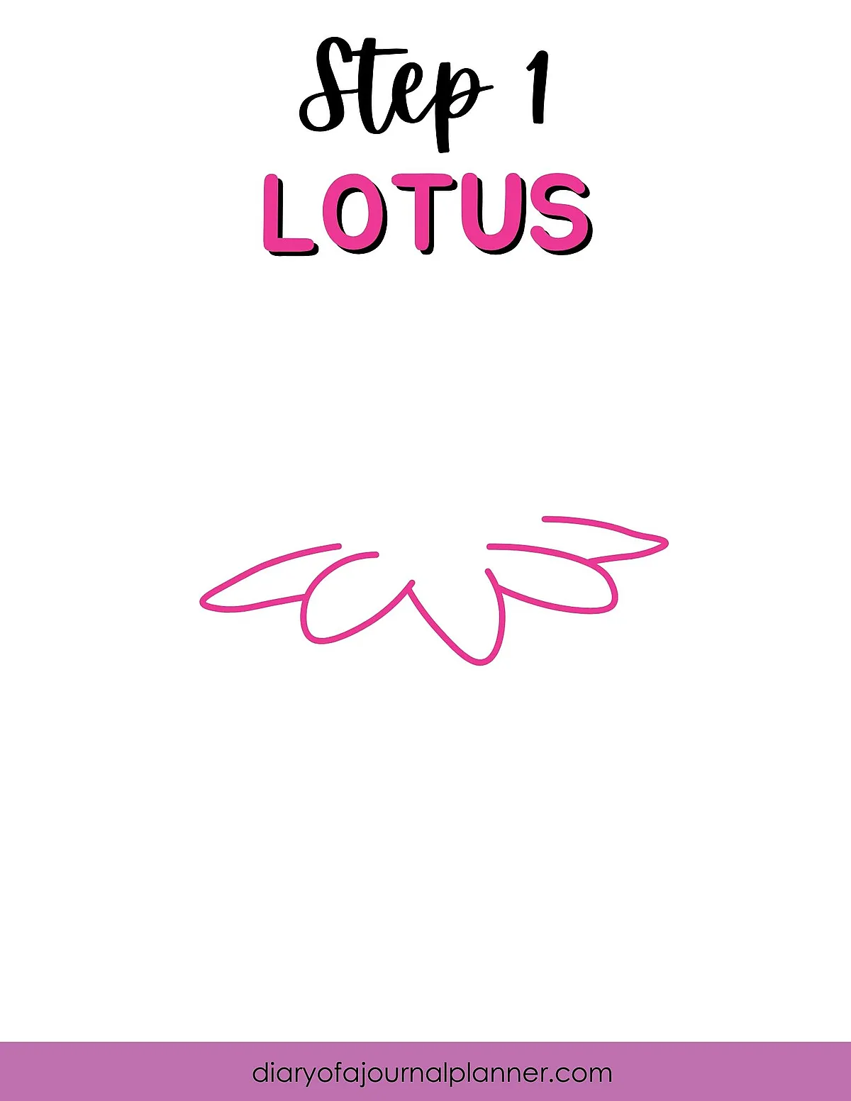 Step 1 guide for drawing a pink lotus flower with outlined petals on white background.