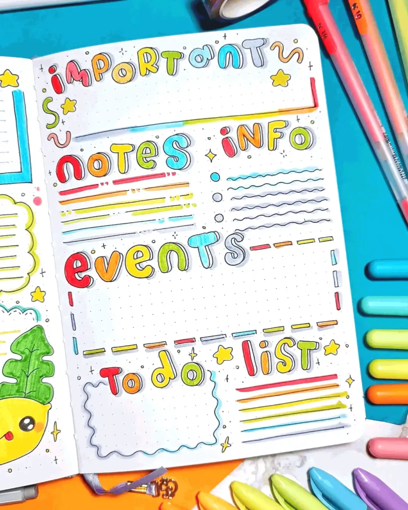 Colorful planner page with sections for notes, info, events, and to-do list, surrounded by markers and pens.