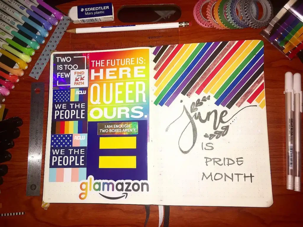 Bullet journal with colorful Pride Month theme and rainbow designs, celebrating LGBTQ+ identity and inclusivity.