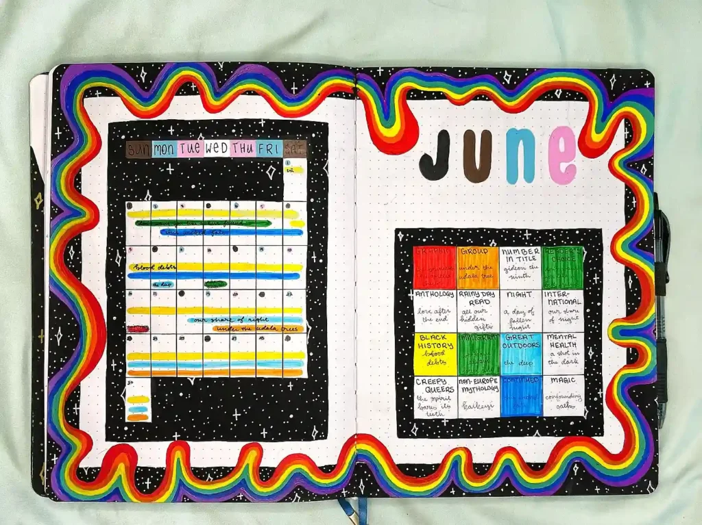 Colorful June bullet journal spread with rainbow borders, calendar, and creative themes.