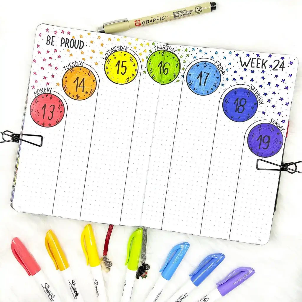 Vibrant weekly planner with colorful markers, showcasing a creative, organized schedule from Monday to Sunday.