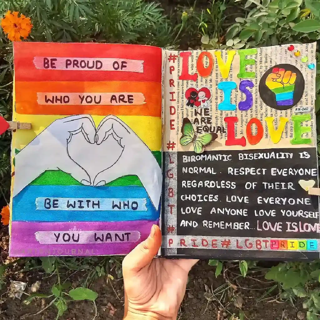 Colorful pride journal pages celebrating LGBTQ+ love and identity with affirming messages and rainbow artwork.