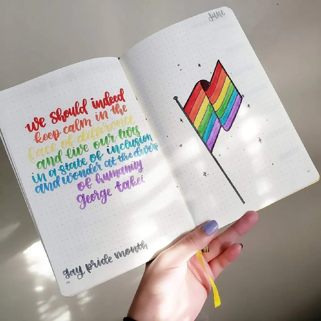 Handwritten Pride Month journal entry with a rainbow quote and drawing of a rainbow flag.