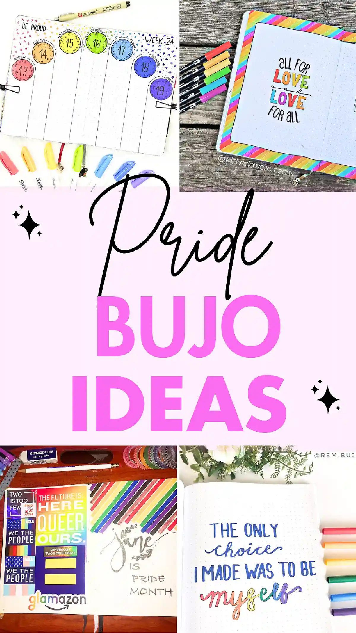 Colorful Pride Bullet Journal ideas, featuring rainbow designs and positive quotes for creative inspiration.