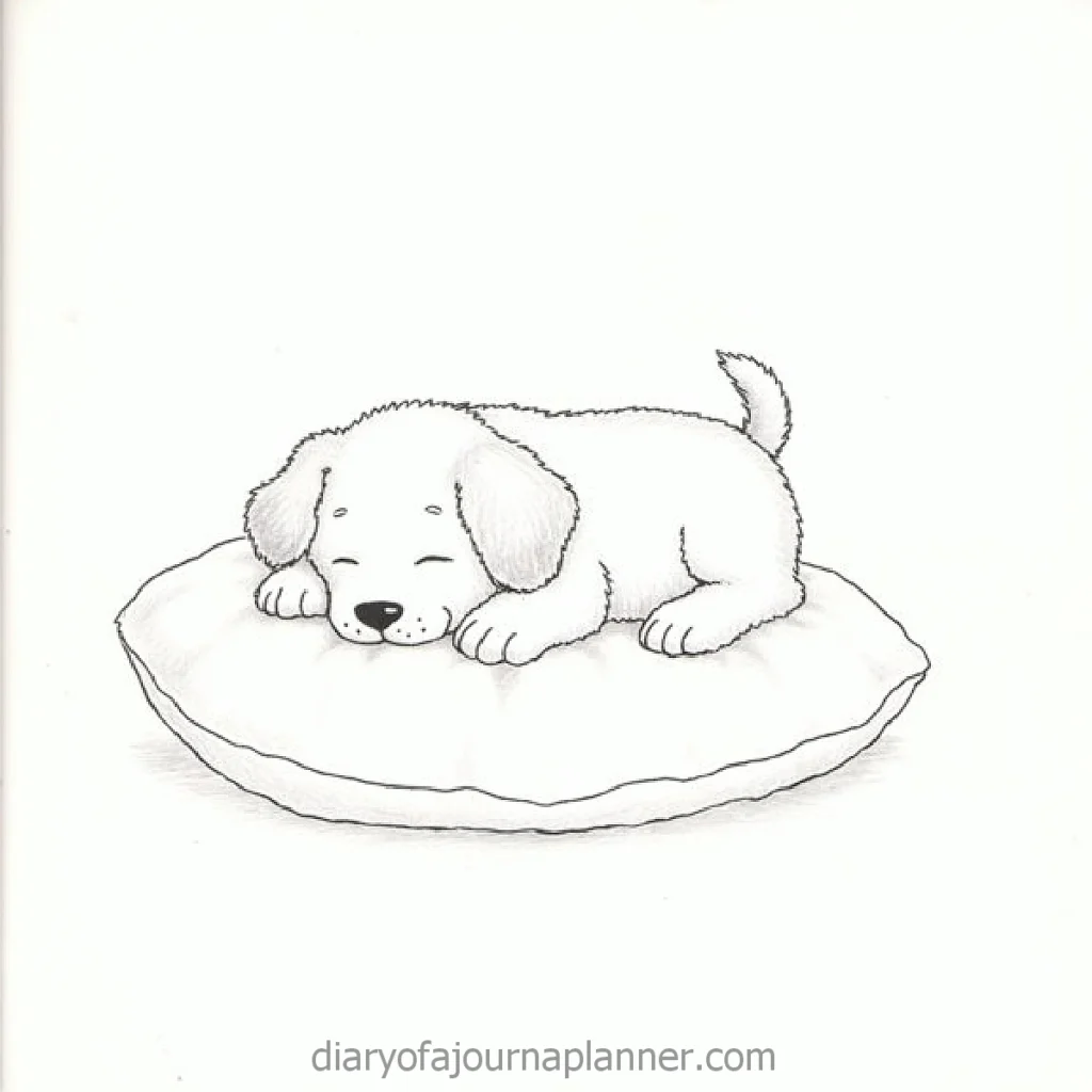 Cute puppy sleeping on a soft cushion, sketch illustration in black and white.