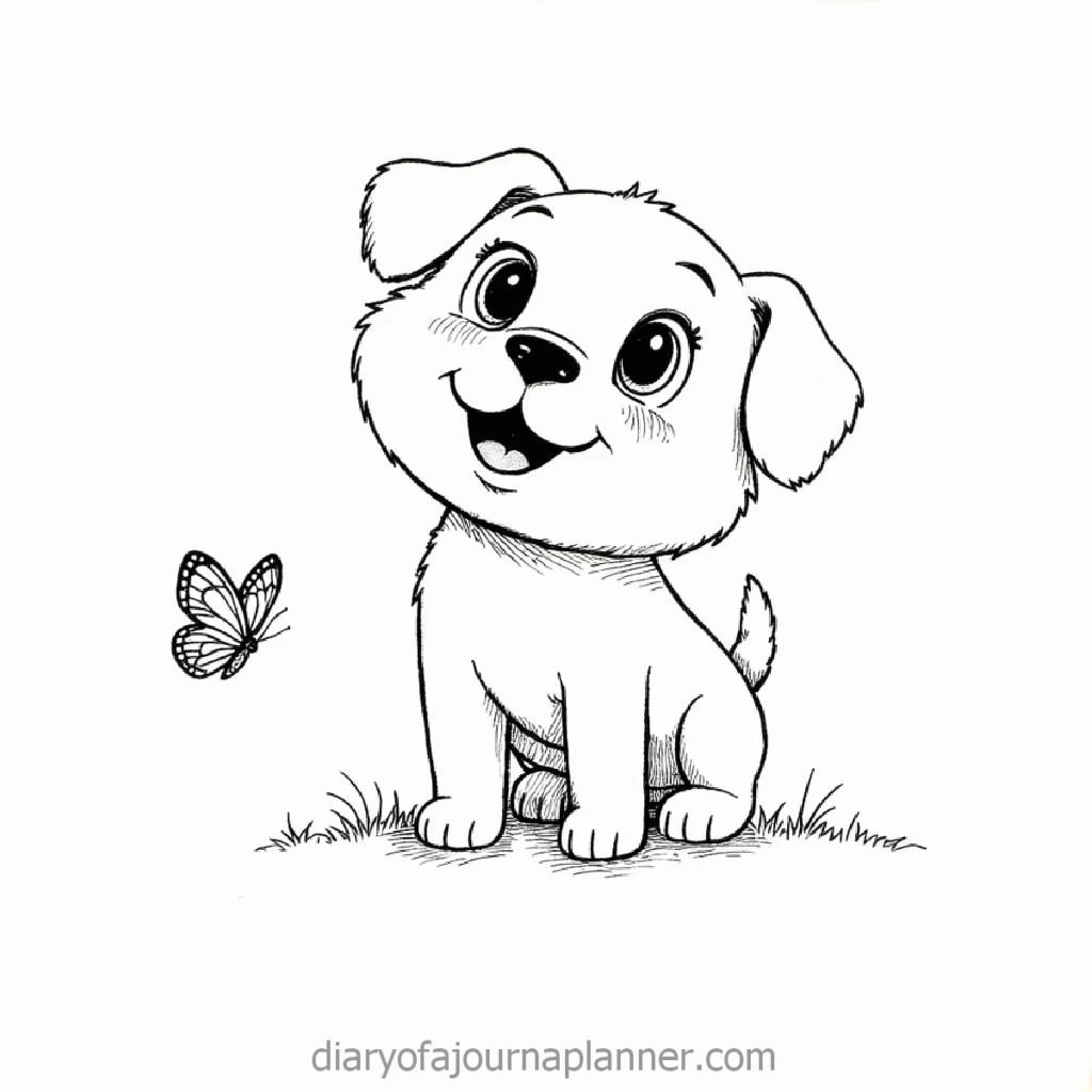 Cute puppy with big eyes sitting on grass, watching a butterfly, black and white sketch.