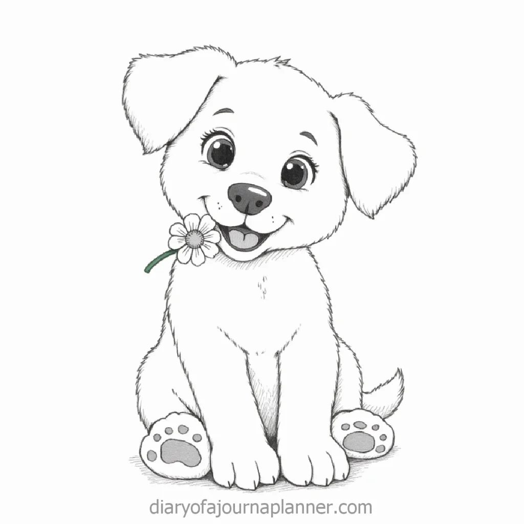 Adorable cartoon puppy with a flower in its mouth, sitting happily with paws showing.