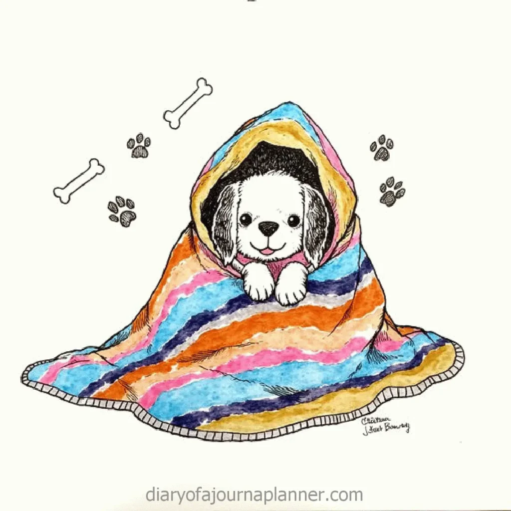Cute dog wrapped in colorful blanket with paw prints and bones illustration.