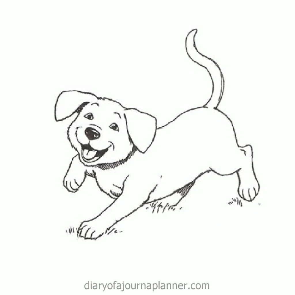 Happy cartoon puppy wagging tail while running on grass.