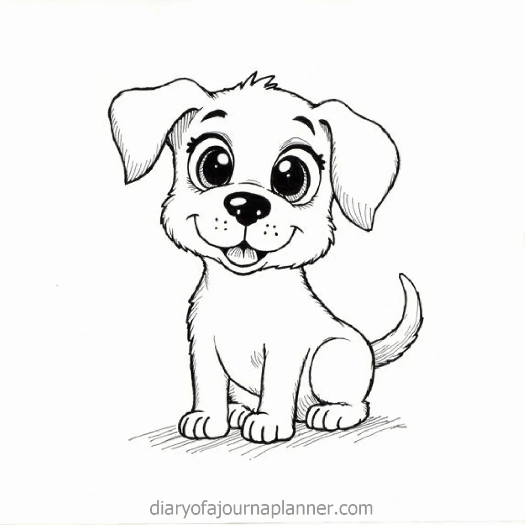 Cute cartoon puppy with big eyes and a playful expression, sitting and looking forward.