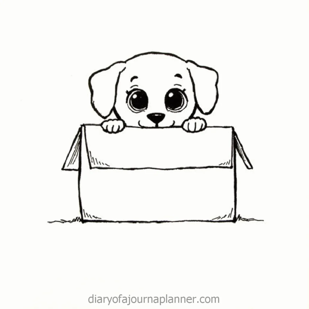 Cute puppy peeking out of a box, hand-drawn illustration in black and white.