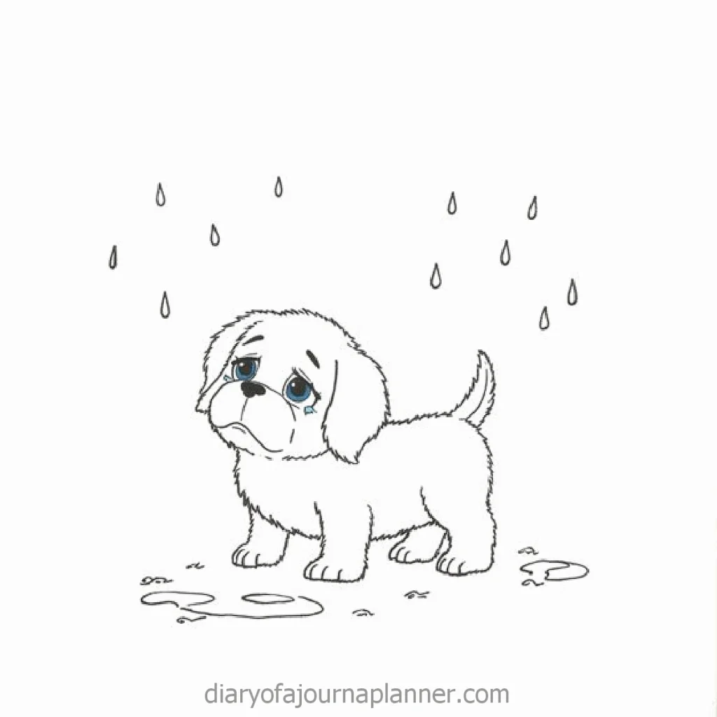 Sad cartoon puppy with teary eyes standing in the rain surrounded by puddles.