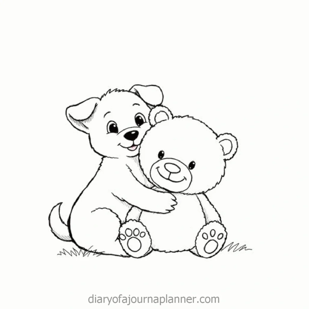 Cute puppy hugging a teddy bear in a delightful coloring page for kids.