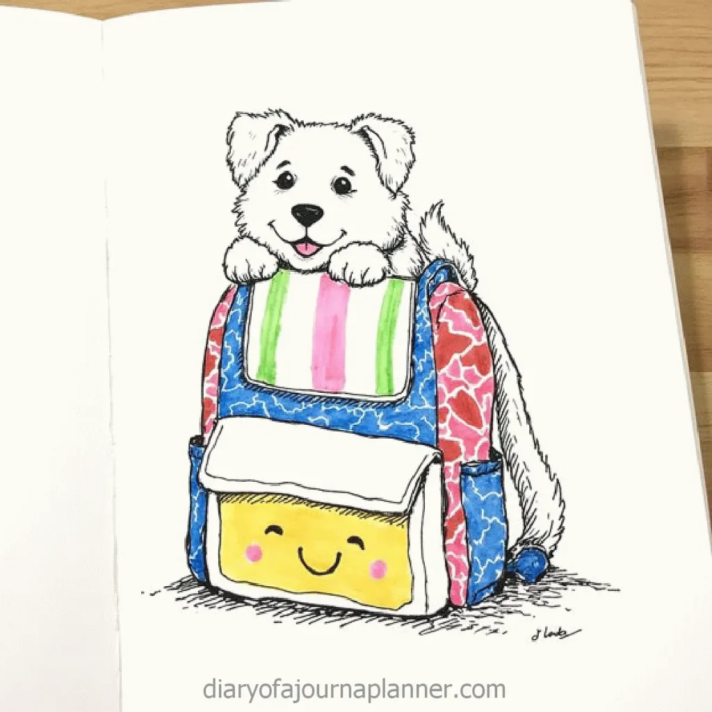 Cute puppy sitting in a colorful backpack, sketch by diaryofajournalplanner.