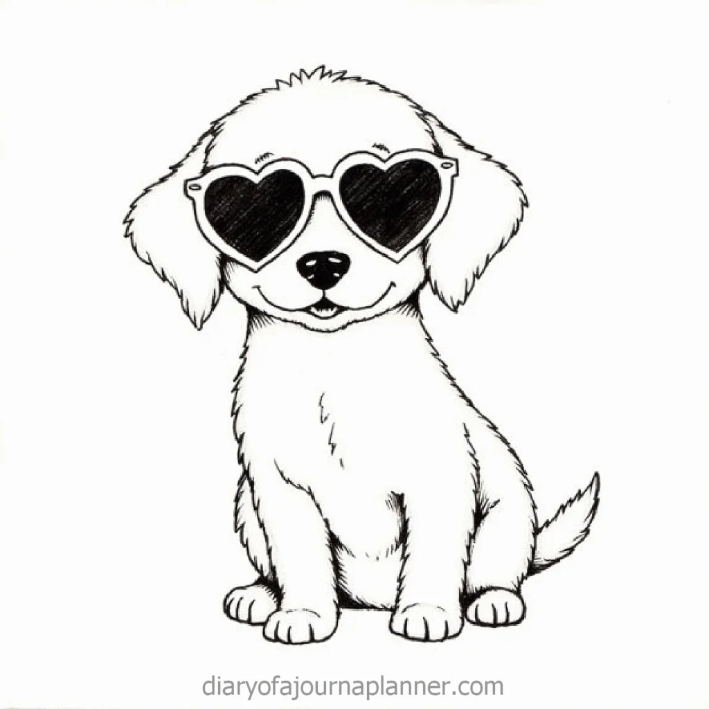 Cute puppy wearing heart-shaped sunglasses in a black and white sketch.