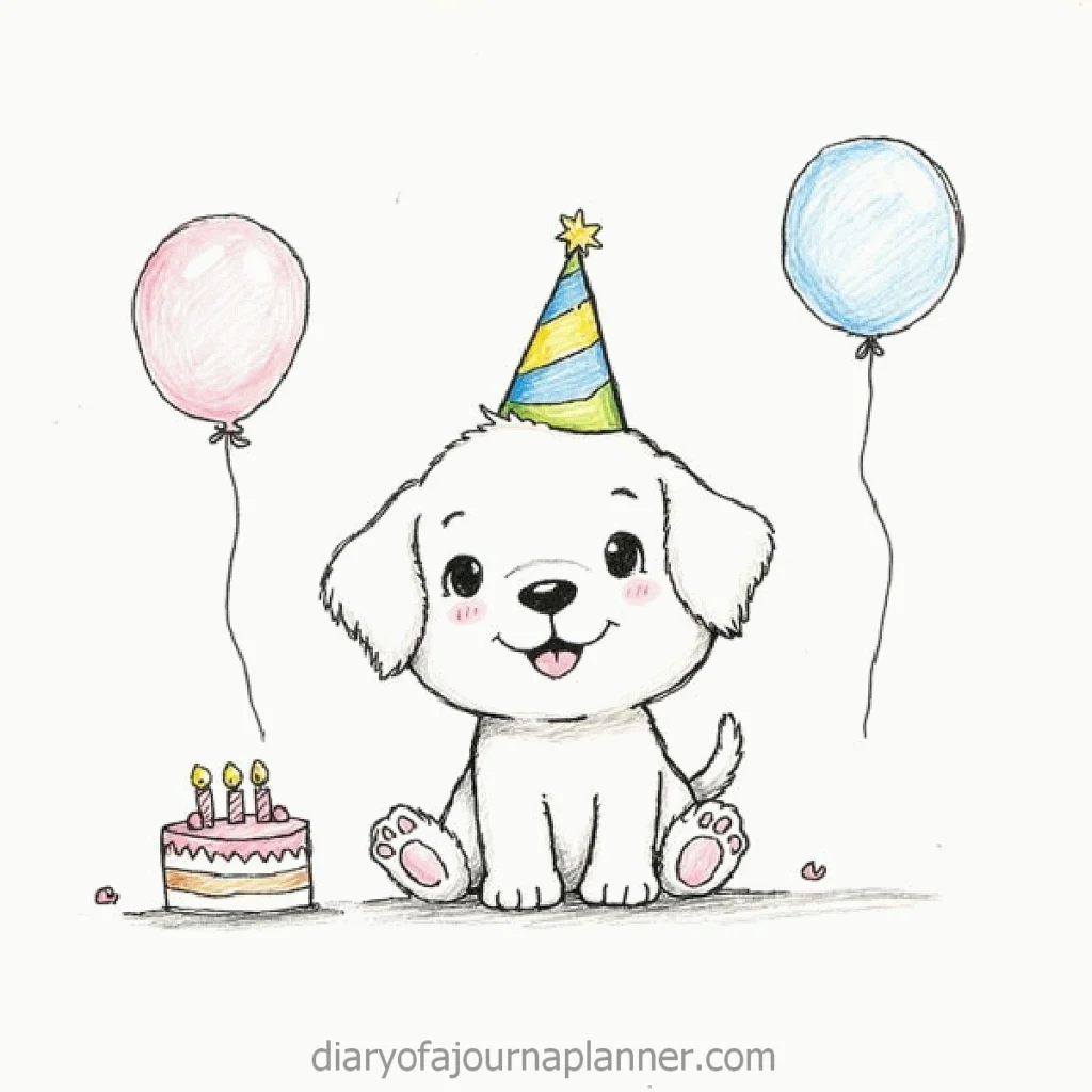 Cute puppy in a party hat with balloons and a birthday cake, celebrating joyfully.