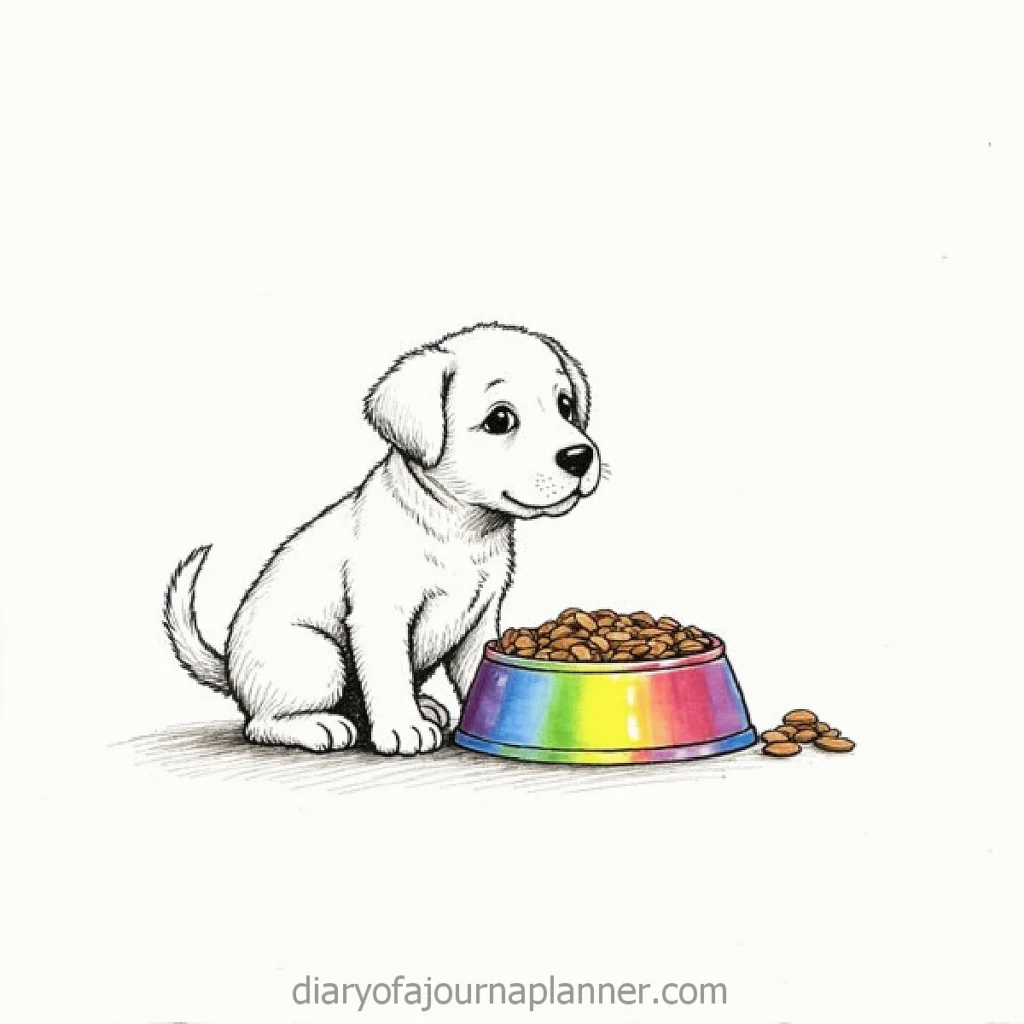 Cute puppy sitting beside a rainbow-colored bowl of kibble, ready for a meal.