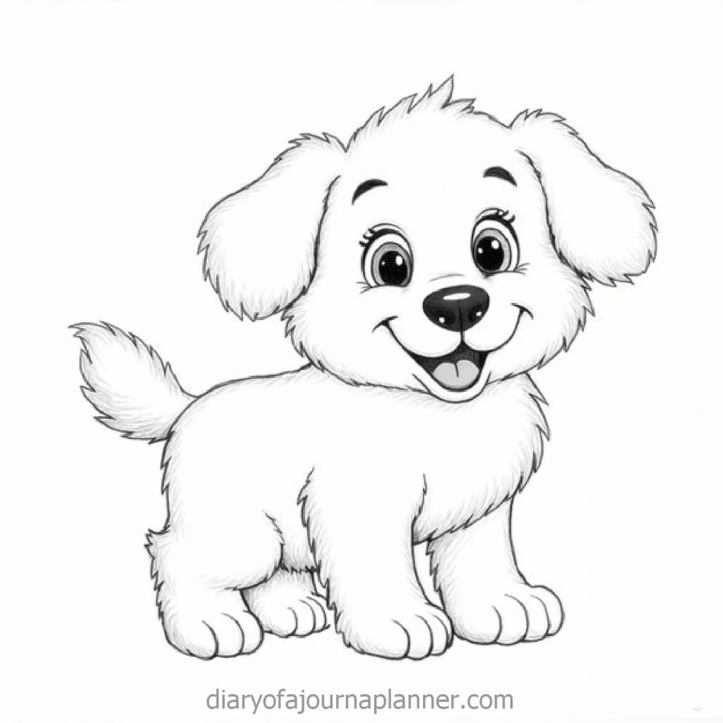 Cute cartoon puppy illustration with fluffy fur and happy expression, ideal for kids' coloring pages.