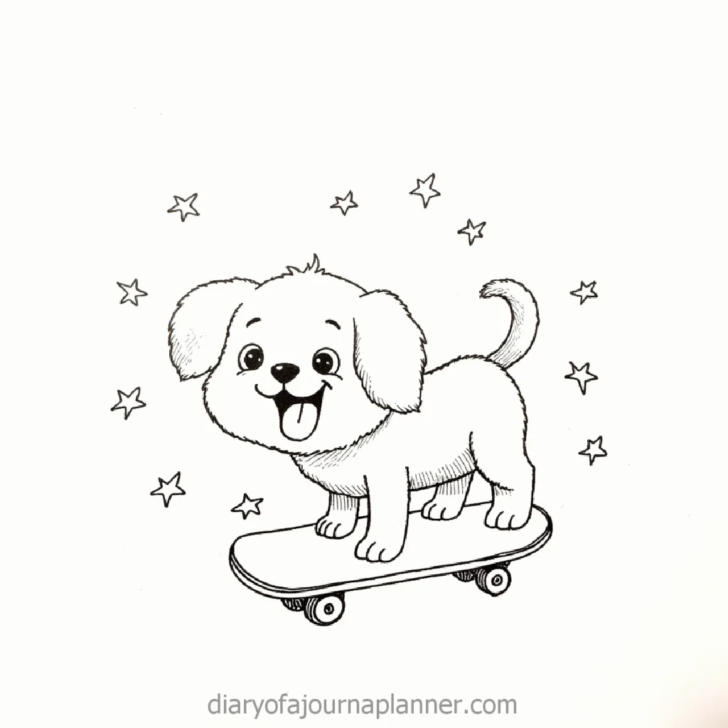 Cute cartoon puppy on a skateboard with stars around, showcasing fun and playfulness.