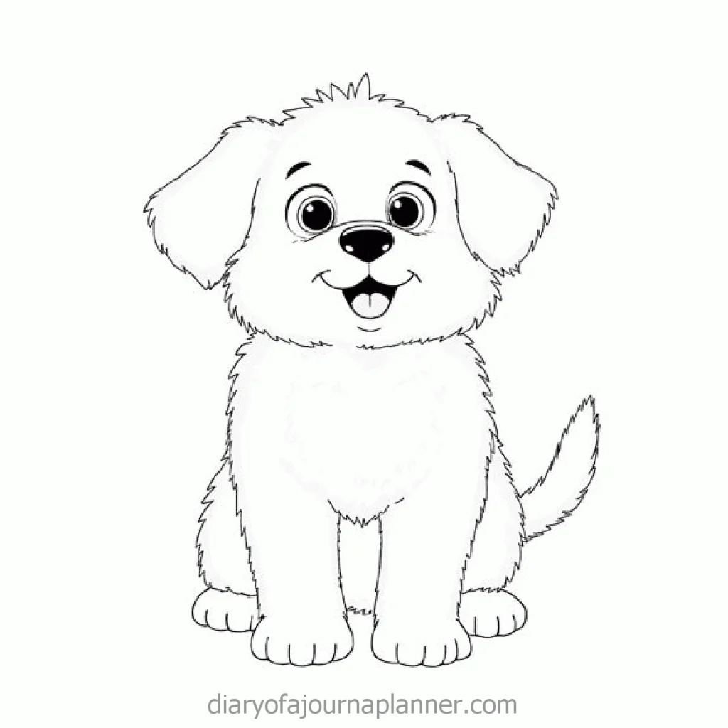 Cute cartoon puppy with big eyes and fluffy fur, sitting and smiling, black and white drawing.