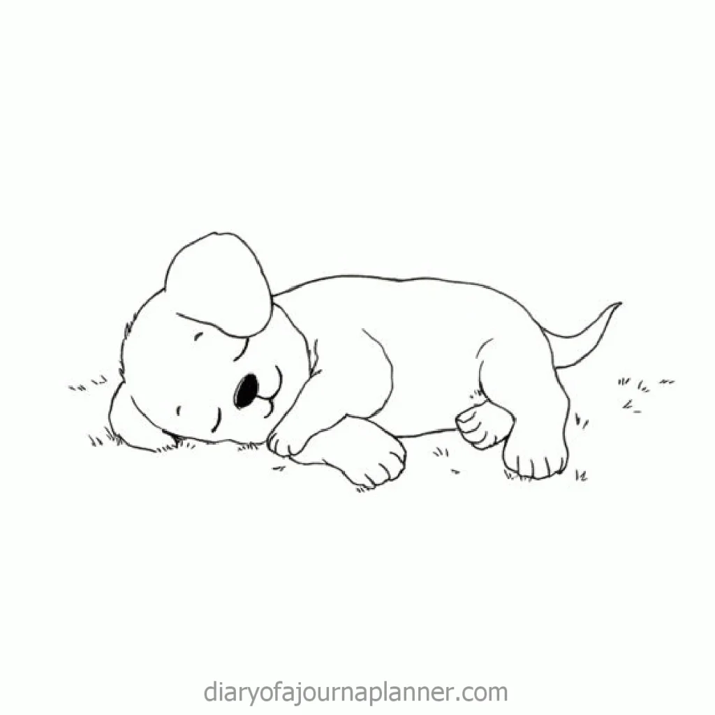 Cute cartoon puppy sleeping on grass, with eyes closed and tail relaxed.