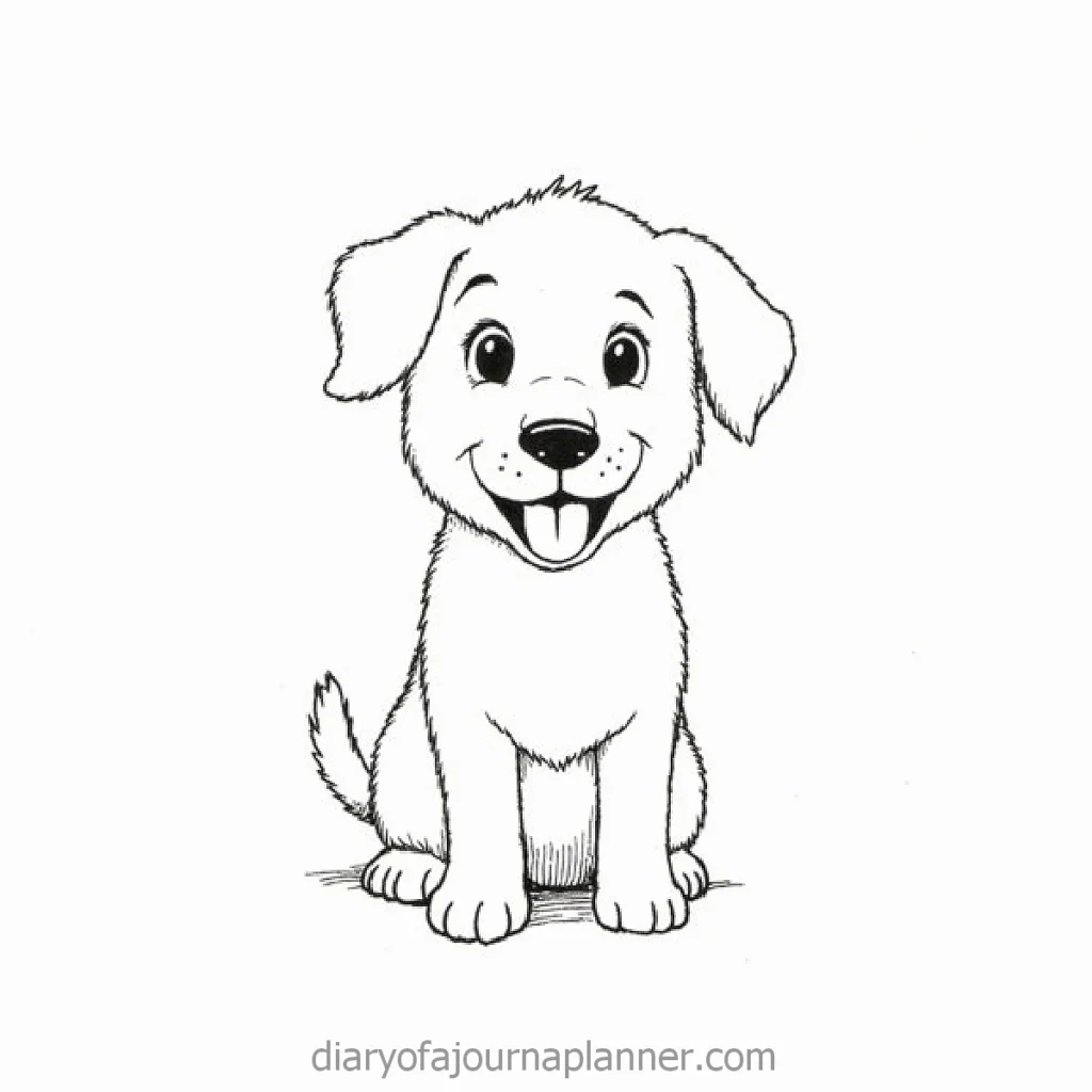 Cute cartoon puppy sitting with a happy expression, tongue out, sketched in black and white.