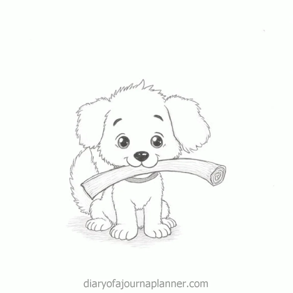 Cute cartoon puppy drawing holding a stick in its mouth, sitting playfully. Perfect for kids' coloring activities.