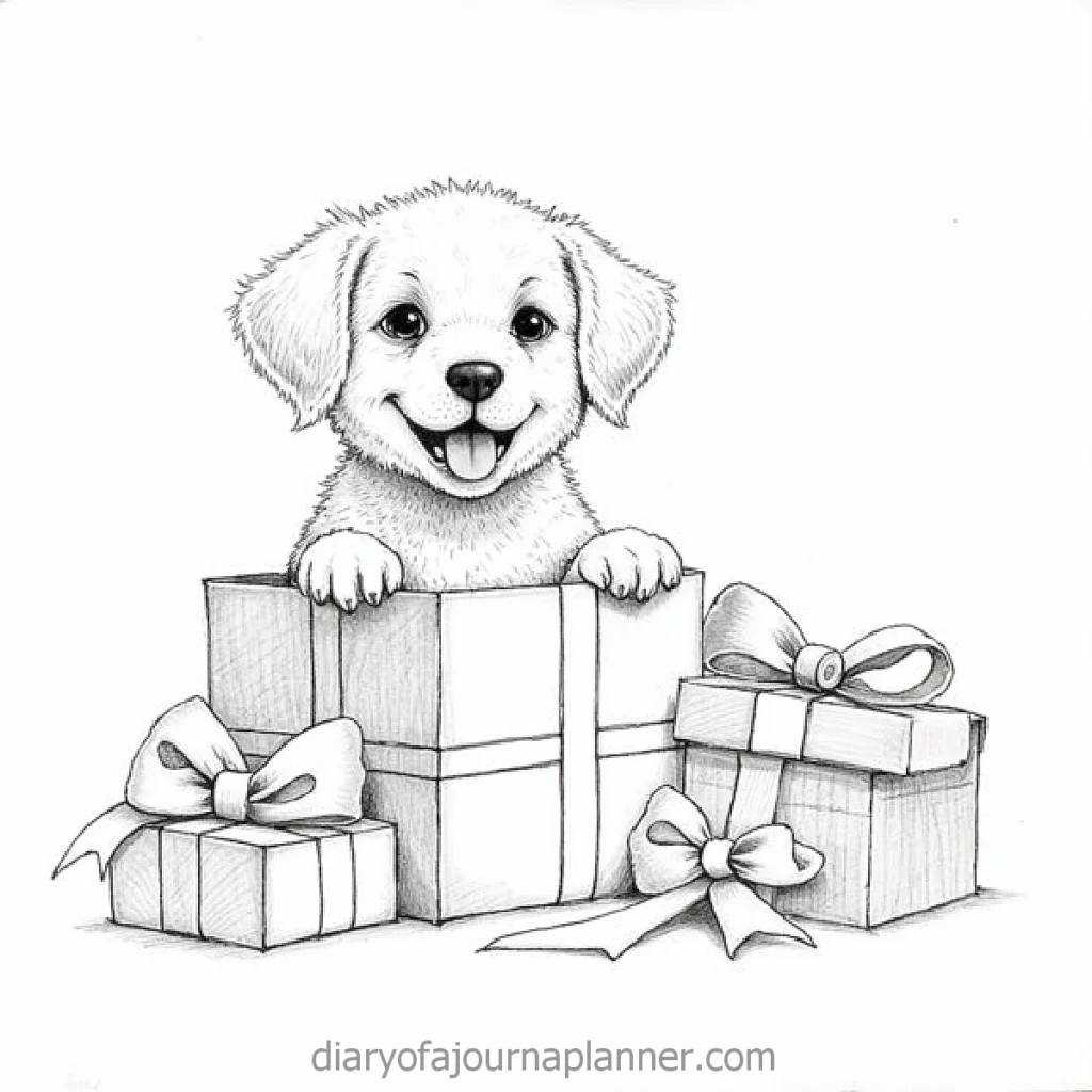 Puppy popping out of a gift box with bows, perfect cute birthday or holiday surprise sketch.