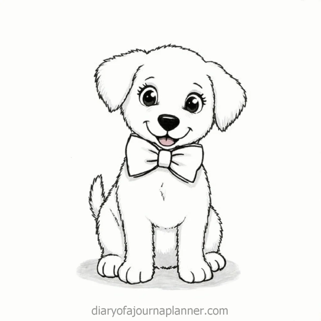 Cute cartoon puppy wearing a bow tie and smiling happily, black and white drawing.
