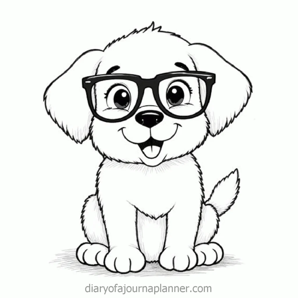 Cute cartoon puppy wearing glasses, smiling happily and sitting upright.