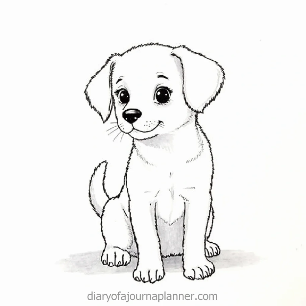 Cute cartoon puppy sketch with big eyes sitting on the ground, looking forward.