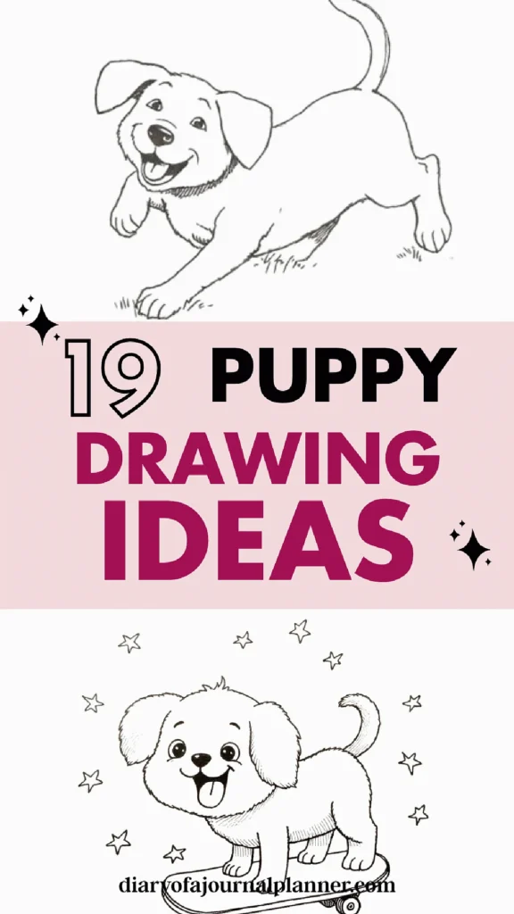 Illustration of playful puppies; text overlay: 19 Puppy Drawing Ideas for creative inspiration.