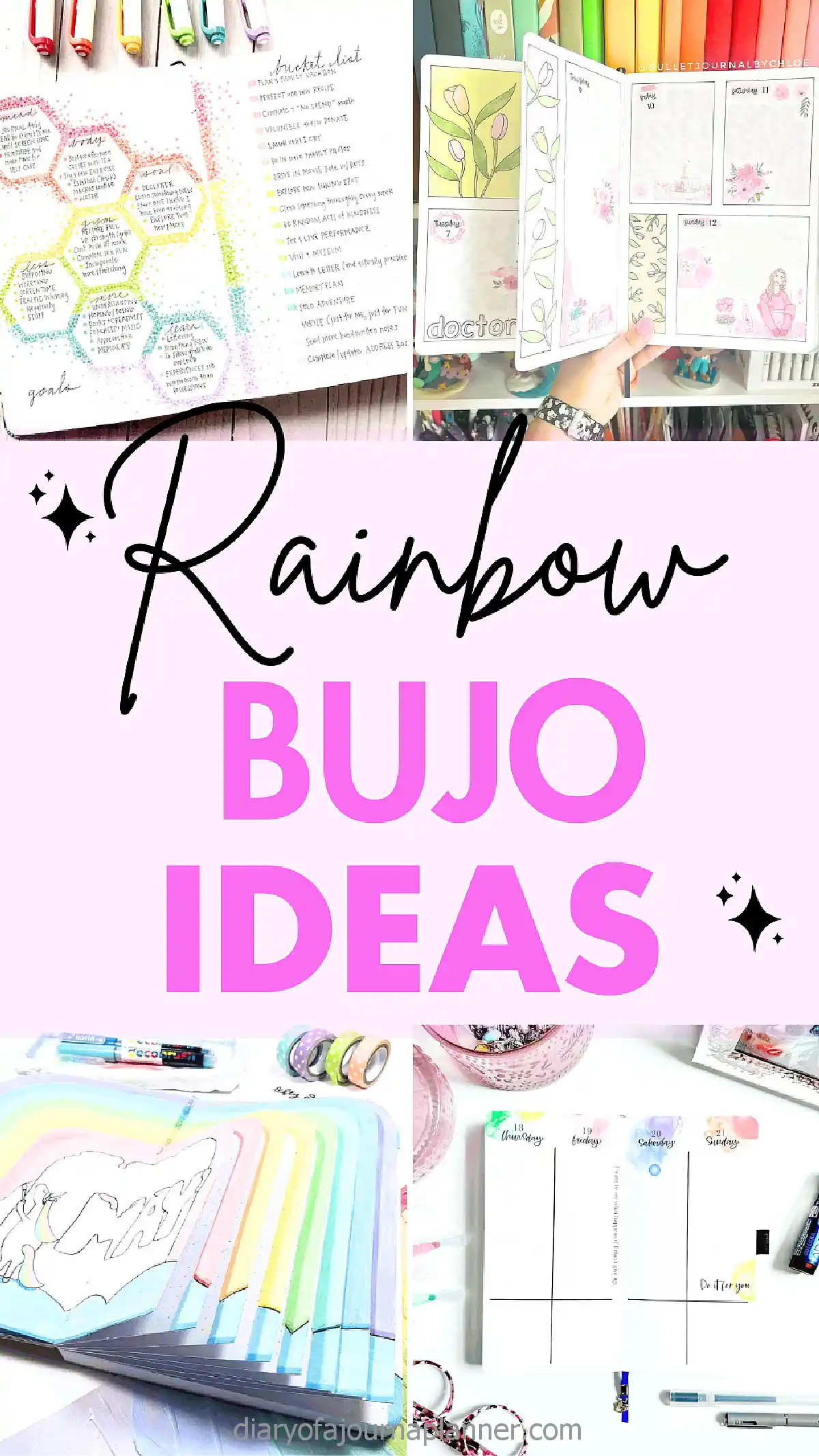 Colorful rainbow bullet journal ideas with rainbow themes and creative layouts for inspiration.