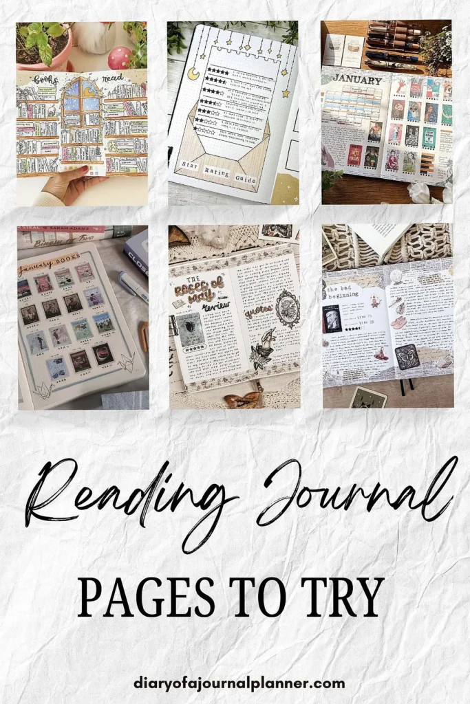 Creative reading journal page collage with star ratings and book lists for bullet journaling inspiration.