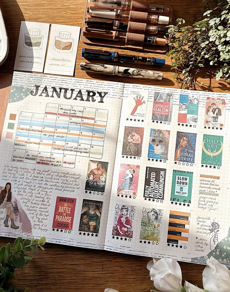 January journal spread with book reviews, pens, and plants on a wooden table. Cozy and organized reading setup.