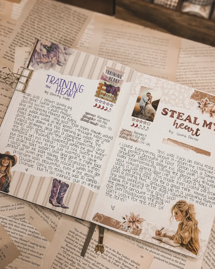Open journal displaying book reviews with floral decorations, handwritten notes, and a cozy aesthetic.