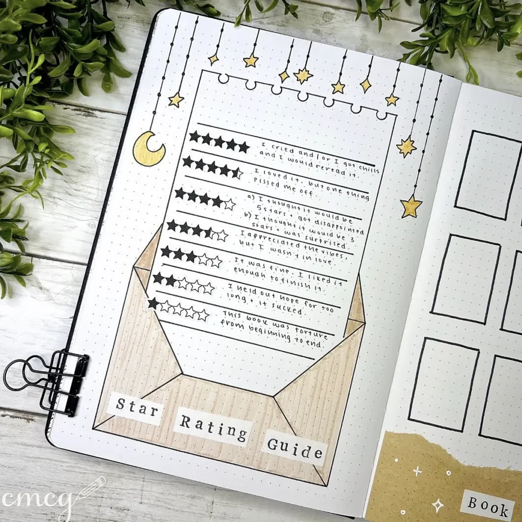 Star rating guide in a bullet journal with decorative stars, moon, and plants for a creative review system.