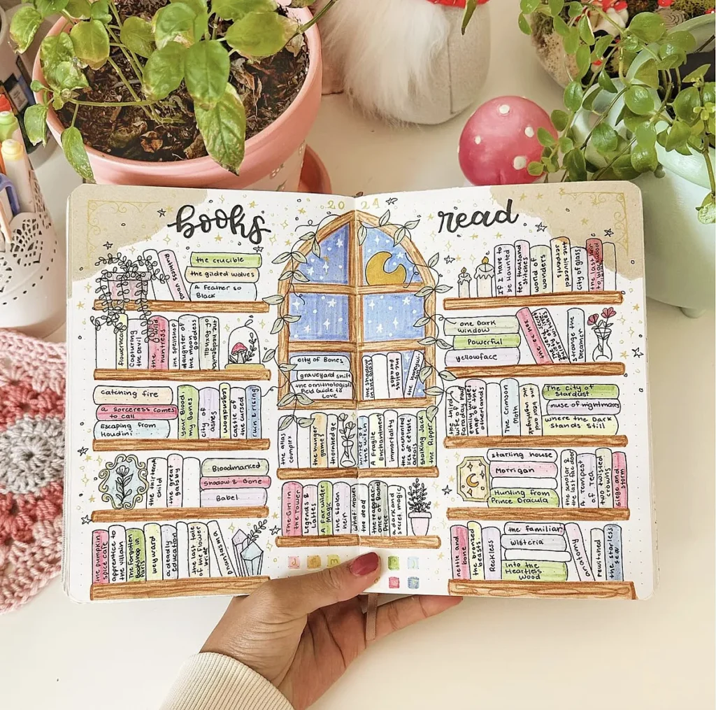 Illustrated reading journal with hand-drawn bookshelves, plants, and a window, displaying a list of books read.