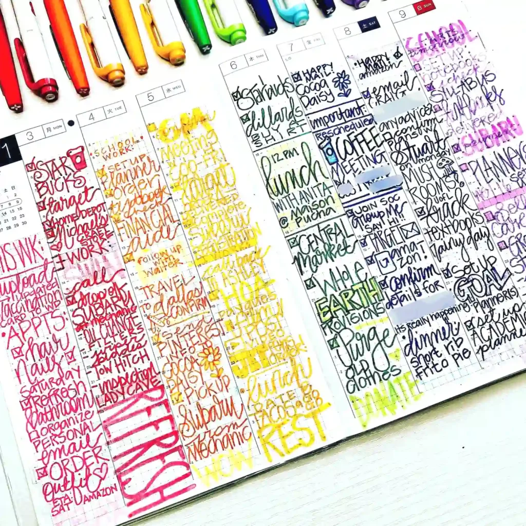 Colorful planner with handwritten notes and pens, organizing daily tasks for the week.