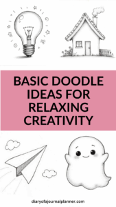 Basic doodle ideas featuring a light bulb, house, paper airplane, and cute ghost for relaxing creativity.