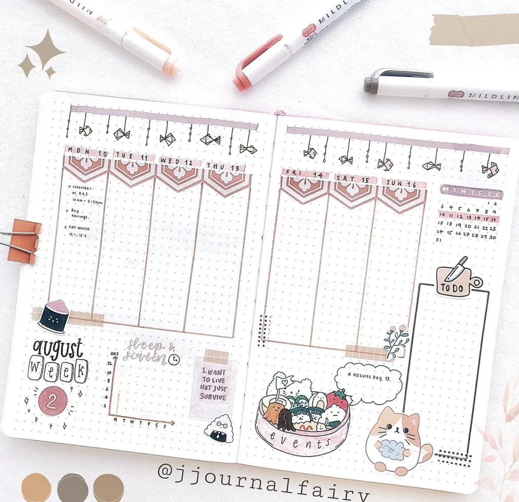 Bullet journal weekly spread with decorative illustrations and notes for August planning.