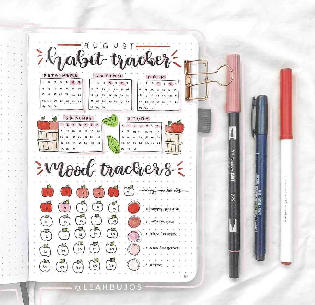 August habit and mood tracker in a bullet journal with colorful pens on a white background.