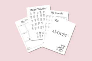 August Bullet Journal with mood tracker and weekly calendar on a pink background.