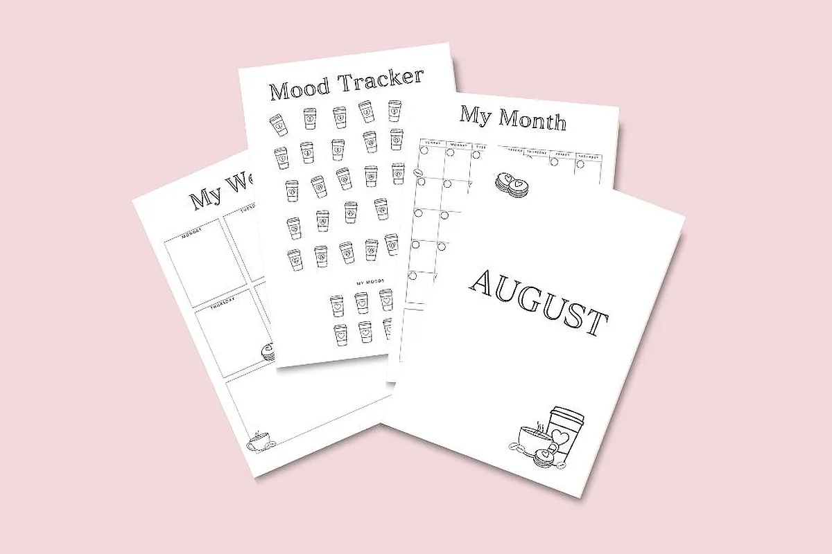 August Bullet Journal with mood tracker and weekly calendar on a pink background.